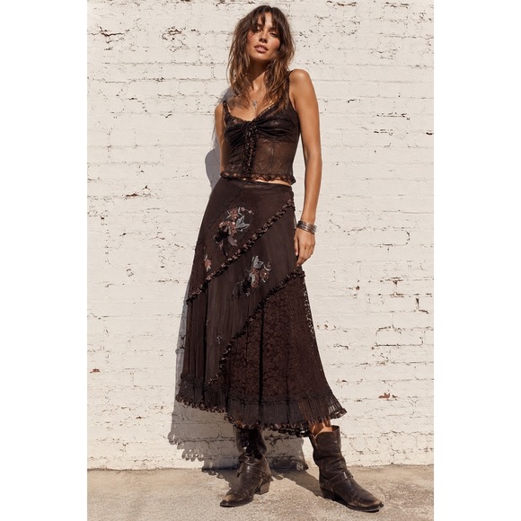 Vintage Dresses & Skirts - Vintage Boho Ruffle Sequin Embroidered Lace Mesh Midi Skirt Fairycore Y2K M
